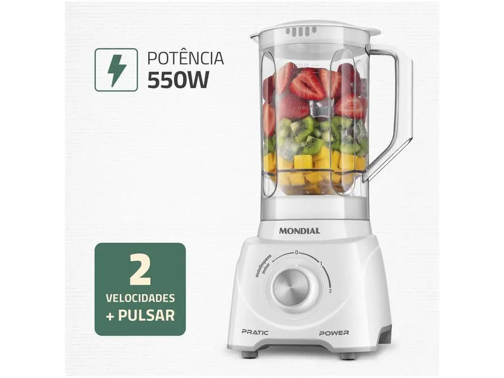 Mondial Pratic Power L-97-W 2 Speed Blender + Pulsar 550W White-110V - Imagem 2
