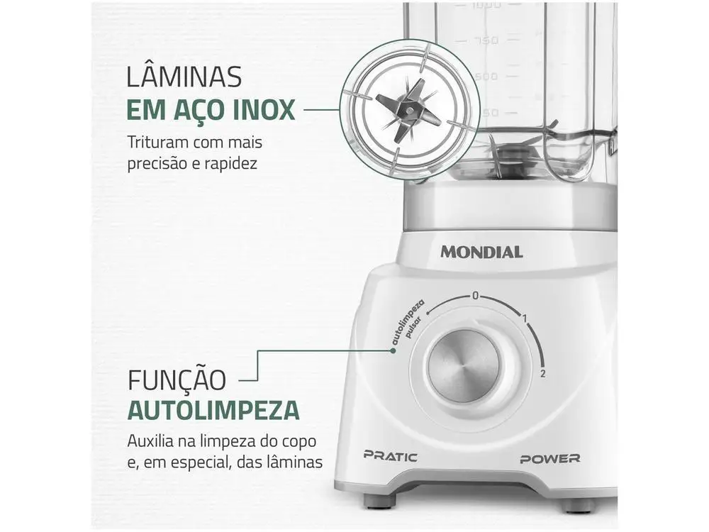Mondial Pratic Power L-97-W 2 Speed Blender + Pulsar 550W White-110V - Imagem 5